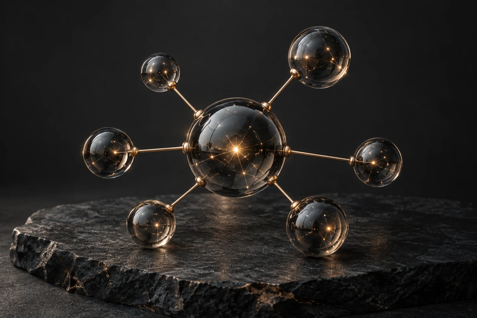 Connected graphite glass spheres representing a coordinated AI workforce