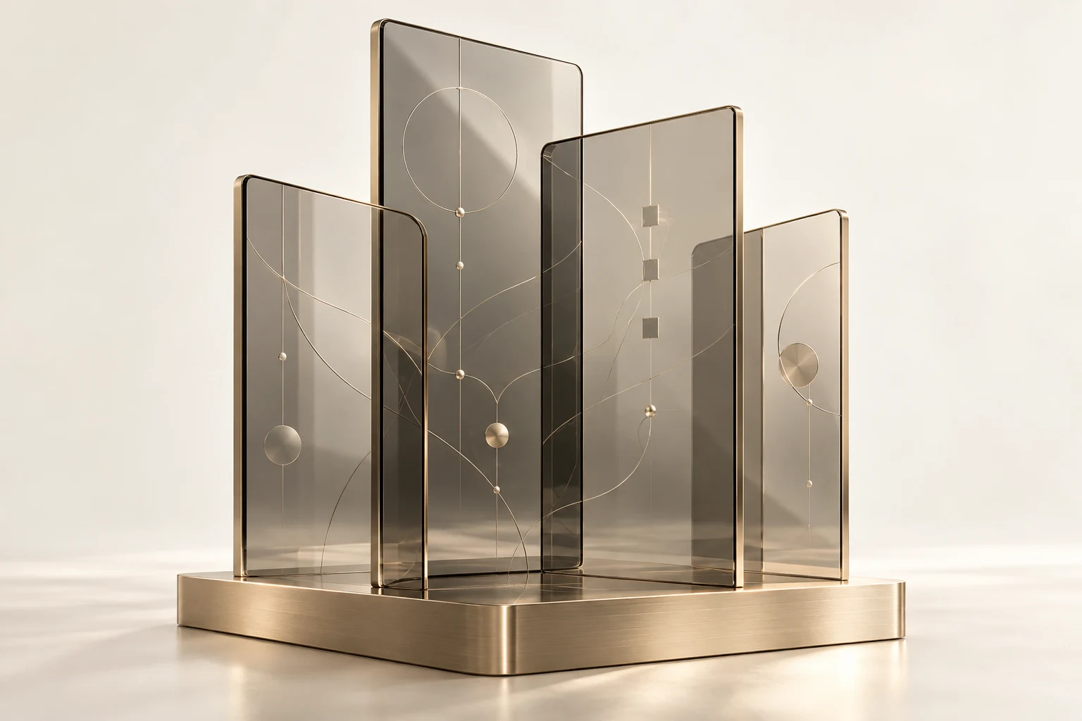 Sculptural glass application panels connected by champagne workflow details