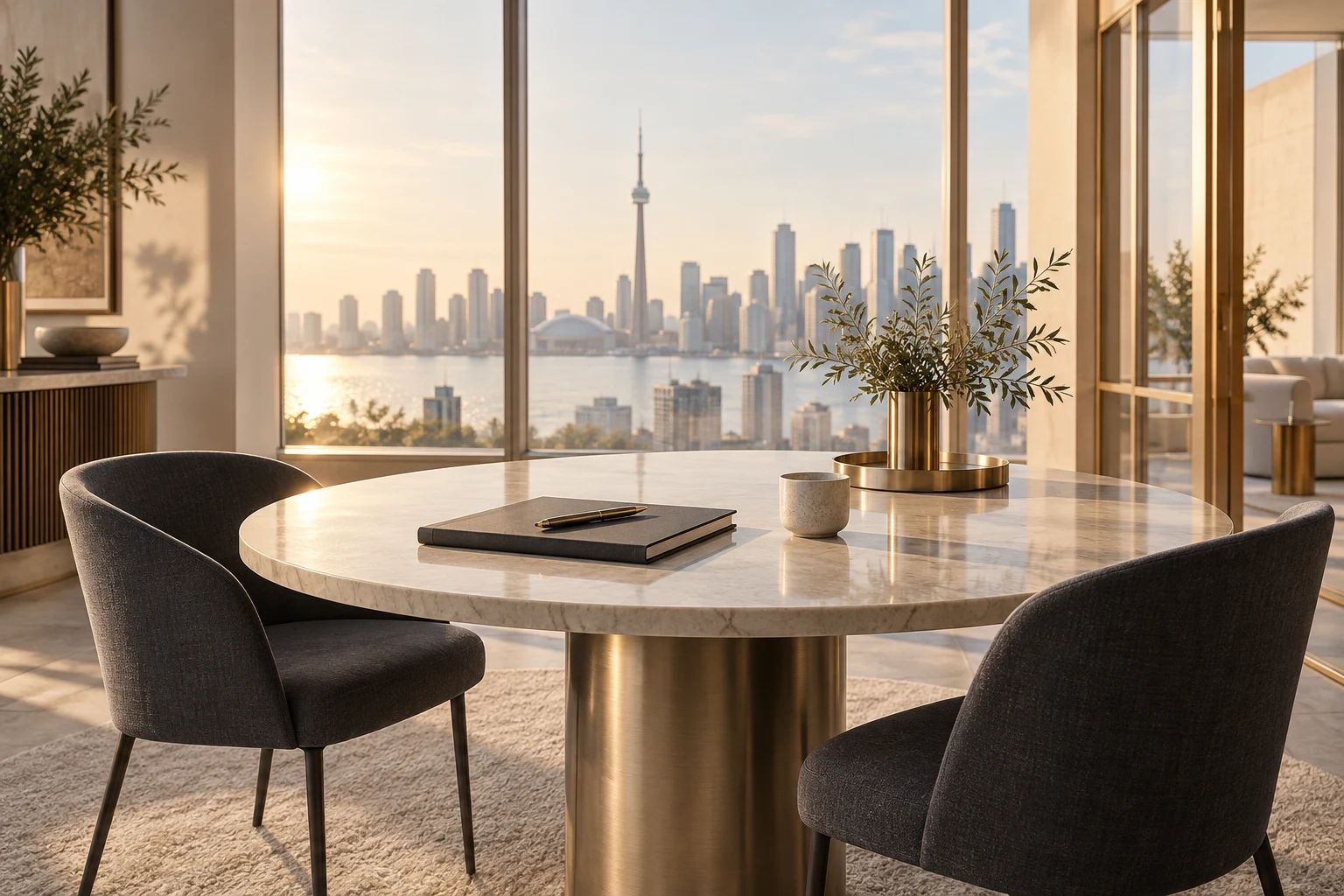 A welcoming meeting table with a notebook and a softly lit Toronto view, a brand concept