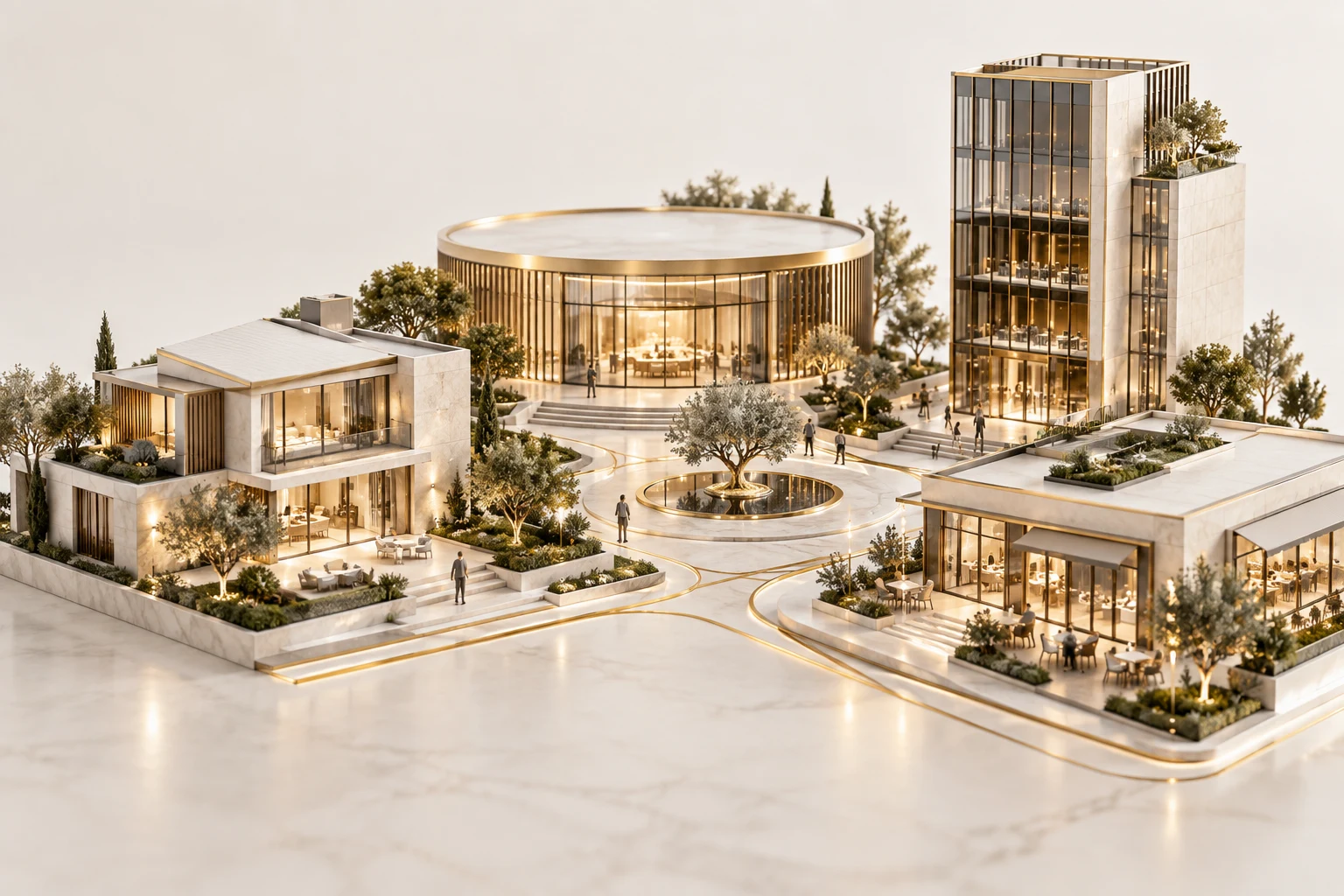 A connected architectural neighborhood representing community services, real estate and business