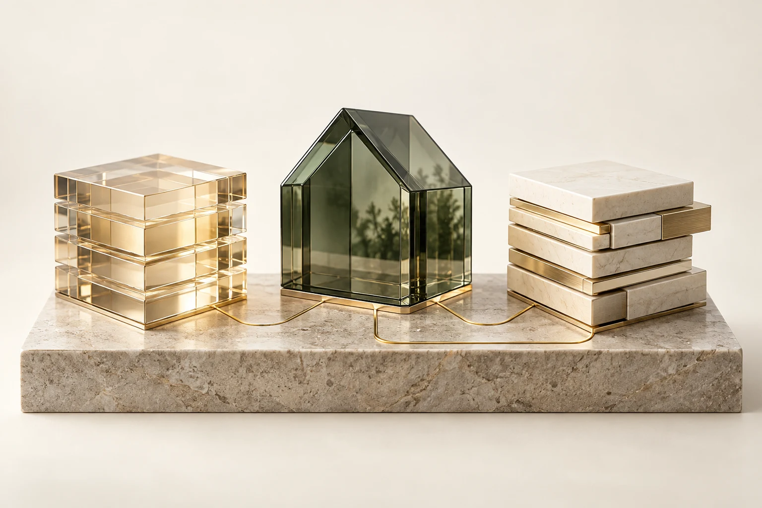 Three architectural objects representing case management, real estate and financial workflows