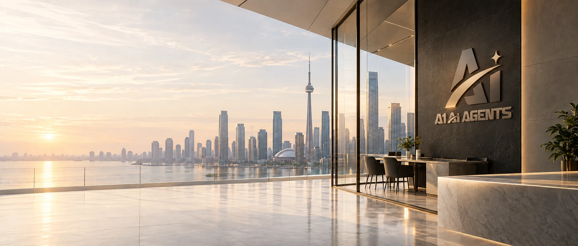 A1 branded architectural concept overlooking the Toronto skyline at sunset